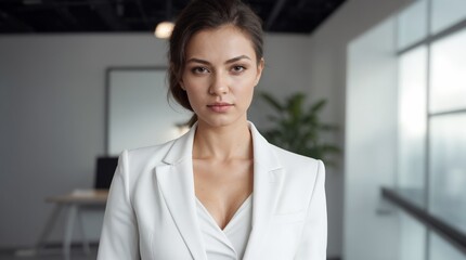 Confident professional in white blazer in modern workplace 