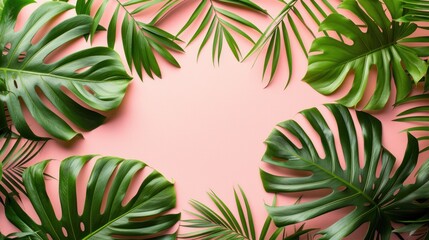 Fototapeta na wymiar Tropical leaves on a soft pink backdrop, embodying a minimalistic concept