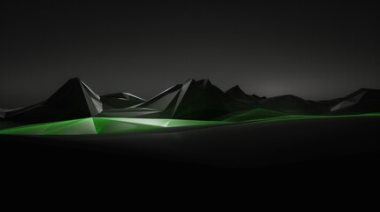 Modern digital artwork of low poly mountains with a glowing green ambiance at night. Abstract polygonal mountain landscape with dark tones and green illumination.