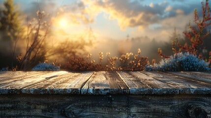 Rustic wooden table surface with sunrise in the countryside background. Serene morning light with dew on wood texture. Peaceful dawn landscape seen from a wooden deck.