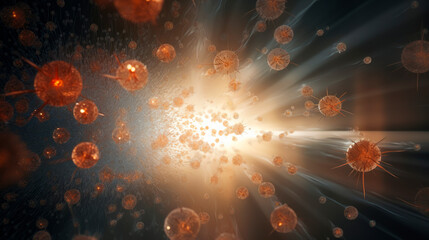 This illustration captures pathogenic particles in a mesmerizing, explosive motion, highlighted by a dramatic burst of light, depicting the dynamic nature of infectious diseases.