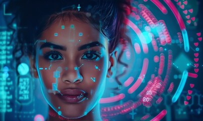 Enigmatic woman with cyan digital coding overlay and DNA strands. Merging biology with cyber technology in portrait photography. The intersection of humanity and futuristic data science.