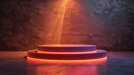 Abstract round podium glowing under a spotlight, embodying the concept of an award ceremony on a stage backdrop