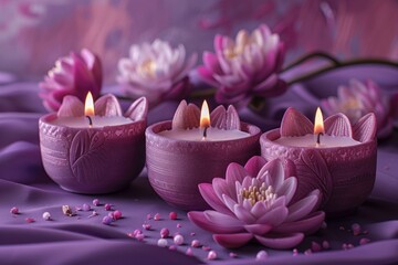 three candles with little lotus flowers on a purple background - obrazy, fototapety, plakaty