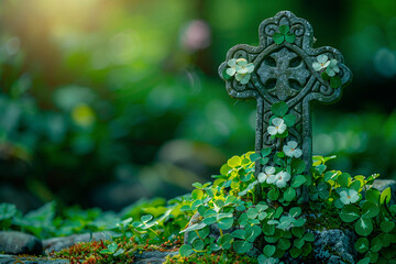Celtic cross adorned with shamrocks, representing the fusion of Christian and Irish pagan traditions on St. Patrick's Day - obrazy, fototapety, plakaty