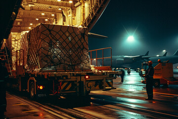 With the airport terminal bustling with activity, a cargo plane is loaded with goods, its cargo doors open wide as ground crew work diligently to ensure that each item is securely