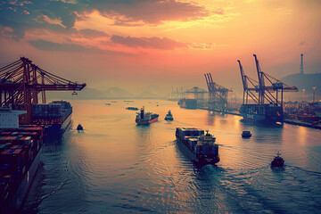 Against the backdrop of the vast ocean expanse, a fleet of container ships awaits loading at the port, their towering presence dwarfed by the towering cranes as they work tirelessl - obrazy, fototapety, plakaty
