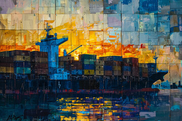 With the sun setting on the horizon, the port comes alive with activity as cargo containers are loaded onto awaiting ships, each container representing a connection to distant land
