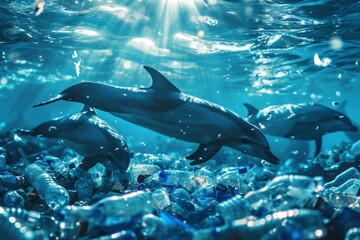 Obraz premium Dolphins swim in the ocean or sea among plastic bottles and garbage. Concept of plastic water pollution and environmental problem of ocean, environment