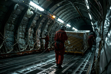 Close-up of ground crew guiding pallets of cargo into the belly of a waiting cargo plane, their synchronized efforts ensuring swift and secure loading for timely departure and deli