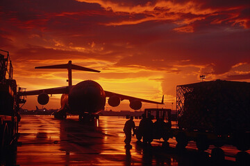 Against the backdrop of a vibrant sunrise, a cargo plane is loaded with cargo at the airport, its silhouette illuminated by the golden hues of dawn as ground crew prepare it for de