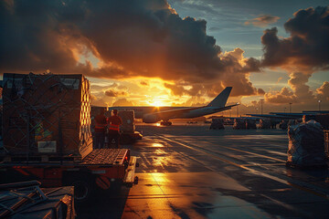 Amidst the hustle and bustle of the airport apron, a cargo plane awaits loading, its cargo doors open wide as ground crew load pallets of goods, ensuring efficient and timely deliv