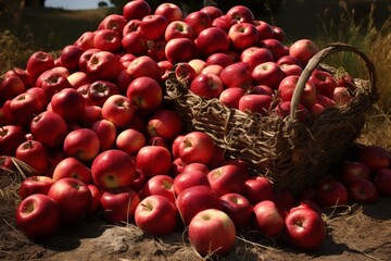 Harvest of ripe red apples collected in a basket and lying on the ground, agribusiness business concept, organic healthy food and non-GMO fruits with copy space