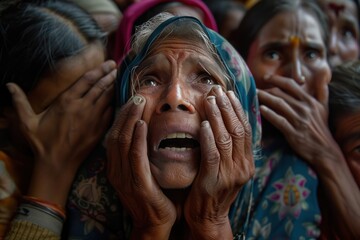 Intense emotional moment of an elderly woman expressing desperation and fear among a crowded group of people.