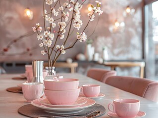 Beautiful restaurant interior mockup. set of pink dishes and cups.