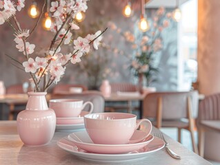 Beautiful restaurant interior mockup. set of pink dishes and cups.