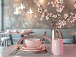 Beautiful restaurant interior mockup. set of pink dishes and cups.