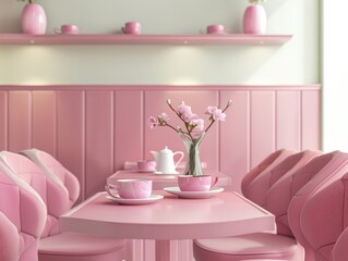 Beautiful restaurant interior mockup. set of pink dishes and cups.
