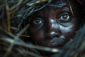 Close-up of a young African girl with an intense gaze, peeking through natural brush, highlighting her striking eyes.