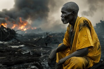 A poignant image of an elderly man in deep contemplation, sitting against a backdrop of devastating fire and destruction.