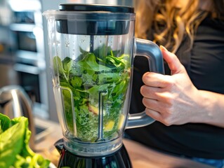 Woman is preparing a healthy detox drink in a blender