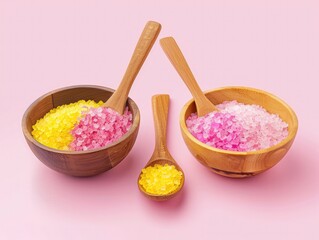 Wooden bowls with a spoons filled with pink and yellow bath sea salt. 