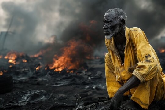 A poignant image of an elderly man in deep contemplation, sitting against a backdrop of devastating fire and destruction.