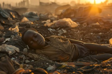 A young boy sleeps amidst rubbish and desolation, capturing a moment of innocence against a backdrop of hardship.