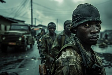 Obraz premium A group of intense, focused soldiers standing ready in an urban conflict zone, under a gloomy, overcast sky.