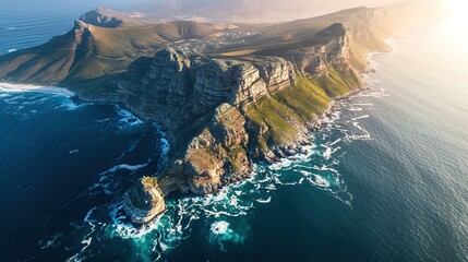 Overhead view of Cape Point and Cape of Good Hope in Cape Town, South Africa