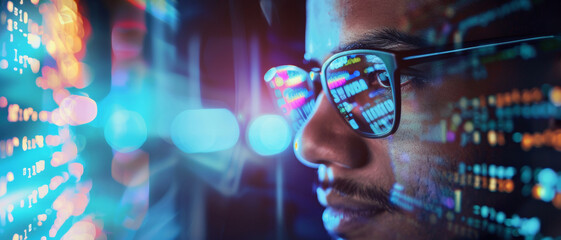A reflective portrait capturing binary code in the eyewear of a focused tech enthusiast. - obrazy, fototapety, plakaty