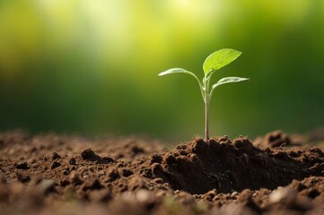 Flourishing young plant emerges from nutrient-rich soil against gentle green backdrop 