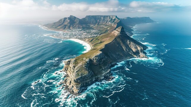 Overhead view of Cape Point and Cape of Good Hope in Cape Town, South Africa