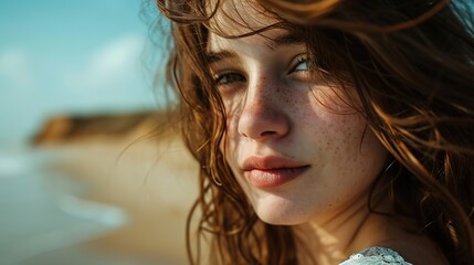 beautiful girl on the seashore in the sunshine portrait close up