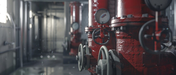 Fototapeta premium Industrial pipeline valves in sharp focus, depicting control and flow.