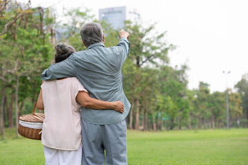back senior couple looking forward and pointing to something in the park