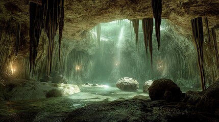 A beautiful underground cave with crystal clear water and rocky formations - obrazy, fototapety, plakaty