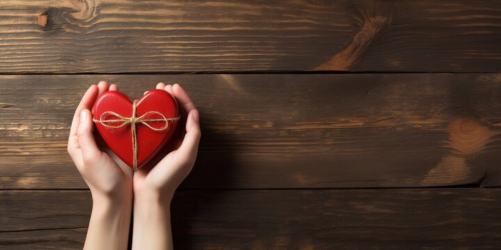 A hand holds a red love-shaped gift box with a ribbon rope on a wooden background