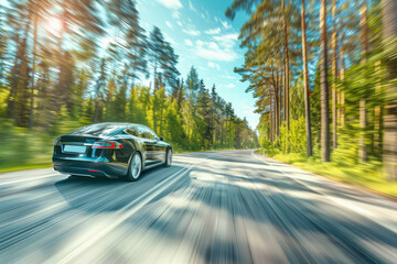 Modern electric sedan speeds down a tranquil country road, surrounded by lush greenery and bathed in the warm glow of the afternoon sun. Car is driving in natural landscape with motion blur effect