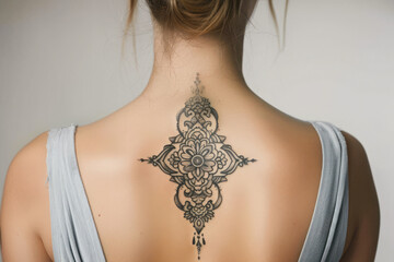 Woman reveals her artistically designed back tattoo, featuring detailed patterns reminiscent of mandala and lacework