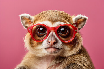 slow loris red glasses pink background