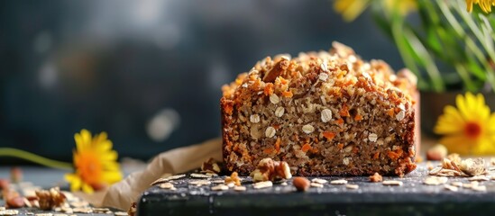 A loaf of delicious vegan banana carrot bread with nutty oats sits prominently on top of a wooden table, inviting thoughts of a perfect vegan treat.