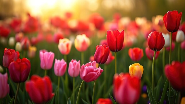 Colorful tulips grow and bloom in close proximity to one another