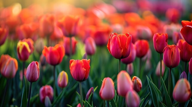 Colorful tulips grow and bloom in close proximity to one another