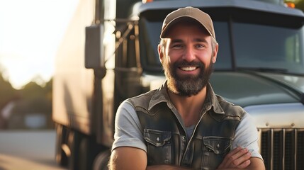 Young male truck driver standing in front of his truck, arms crossed, smiling at the camera, bearded man, wearing a hat