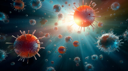 Obraz premium Artistic rendering of viruses in a blue hue simulates a microscopic perspective, offering a glimpse into the unseen world of pathogenic threats.