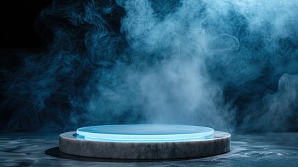 podium with LED lighting for men's and women's cosmetics in blue and gray colors; studio light, background with smoke