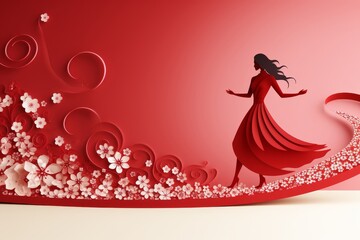 An elegant woman in a striking red dress strolls gracefully on a vibrant red flower path. The scene exudes a sense of tranquility and beauty, perfect for various design purposes.