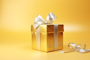 Obraz na płótnie Canvas A yellow gift box with a white ribbon on a yellow background