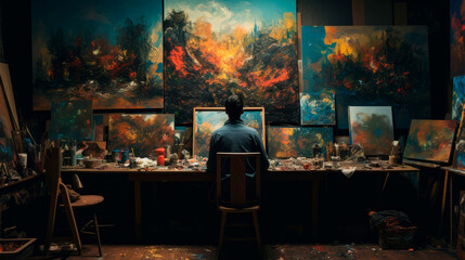 An artist, back to the viewer, stands before a vibrant, chaotic landscape painting in the studio, deeply immersed in the contemplation and creative process. - obrazy, fototapety, plakaty